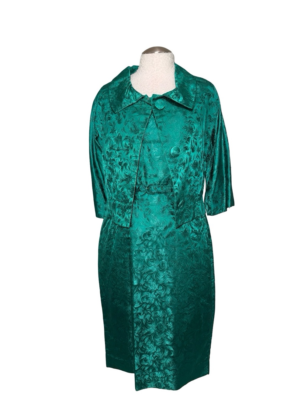 Vintage 50s Emerald Jacquard Sheath Dress with Matching Jacket M